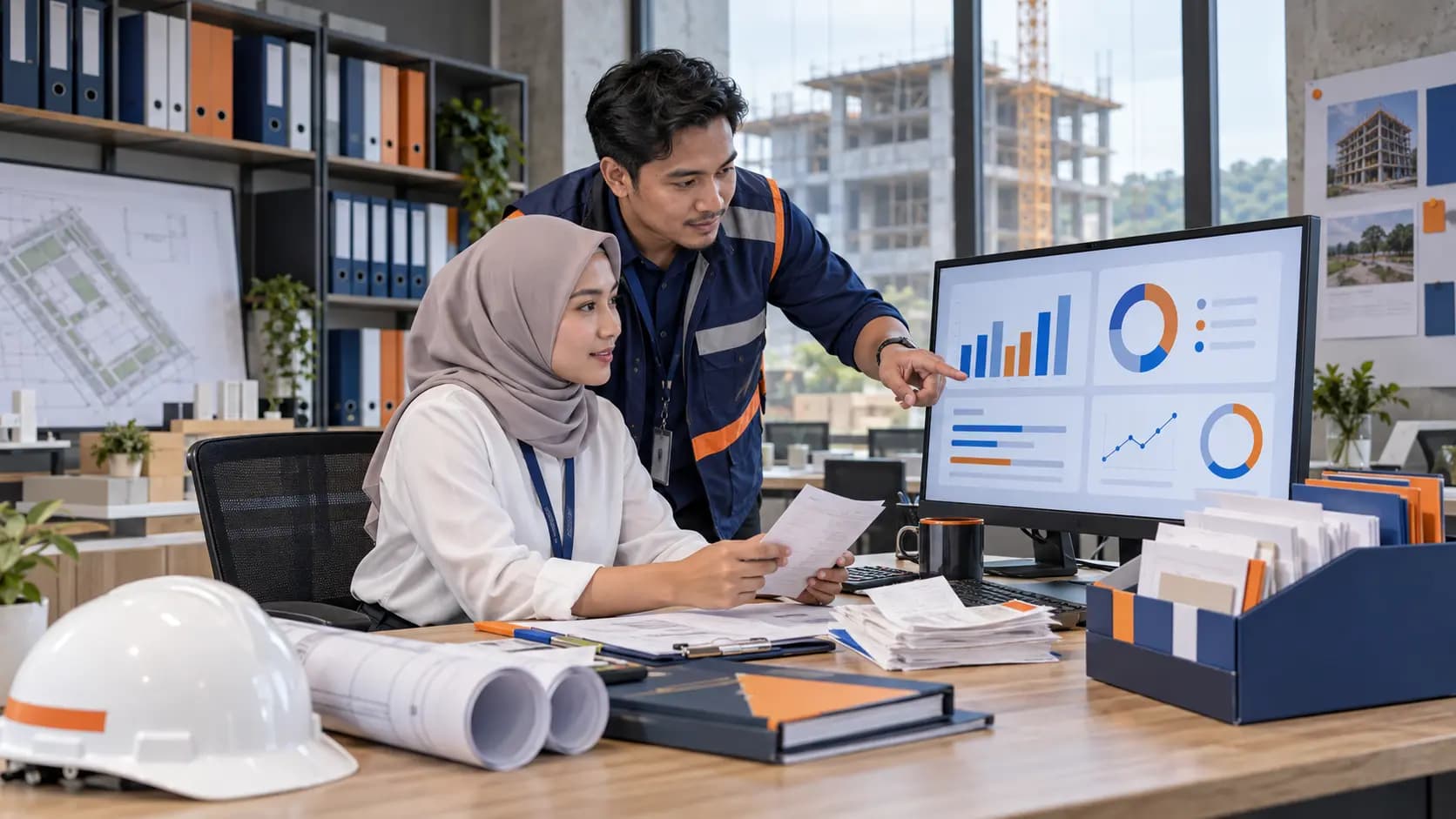 Tim keuangan dan quantity surveyor memantau RAB dan bukti proyek