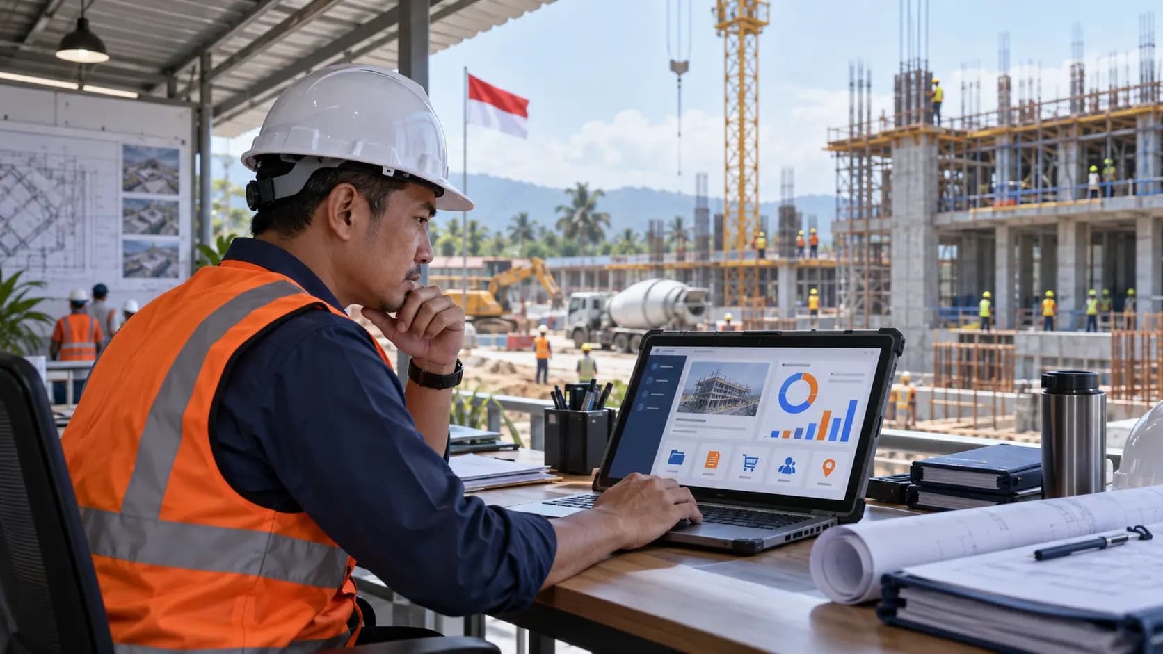 Manajer proyek meninjau operasional konstruksi di lapangan